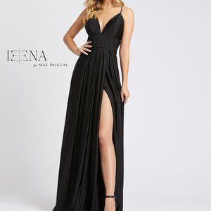 New Ieena For Mac Duggal Plunge‎ Neck High Slit Gown Black Sz 10 26165